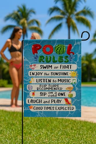 Double Sided Summer Garden Flag - Pool Rules Signs Outdoor Decorations Enjoy the Sunshine Yard Flag - Seasonal Large Outdoor Yard Flags of Burlap