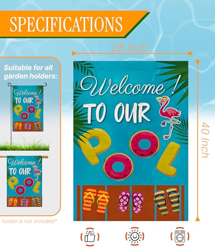 Double Sided Summer Garden Flag - Welcome to Our Pool Banners - Seasonal Large Outdoor Yard Flags of Burlap - Outside Decorative Banners for Yard