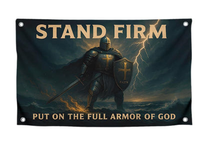 3x5 Feet Motivational Christian Flag Image Knight with Quote "Stand Firm – Put On the Full Armor of God" with 4 Brass Grommets - Single Sided Flag