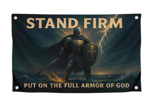 3x5 Feet Motivational Christian Flag Image Knight with Quote "Stand Firm – Put On the Full Armor of God" with 4 Brass Grommets - Single Sided Flag