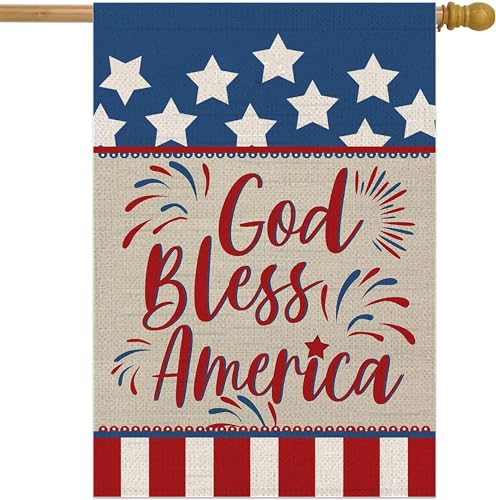 Double Sided Summer Garden Flag - God Bless America House Flags - Seasonal Large Outdoor Yard Flags of Burlap - Patriotic Flag Decorations for Home