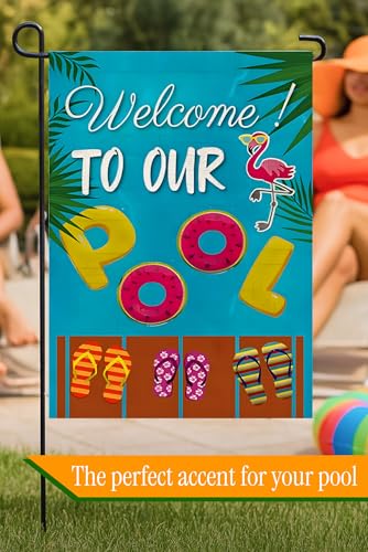 Double Sided Summer Garden Flag - Welcome to Our Pool Banners - Seasonal Large Outdoor Yard Flags of Burlap - Outside Decorative Banners for Yard