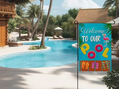 Double Sided Summer Garden Flag - Welcome to Our Pool Banners - Seasonal Large Outdoor Yard Flags of Burlap - Outside Decorative Banners for Yard