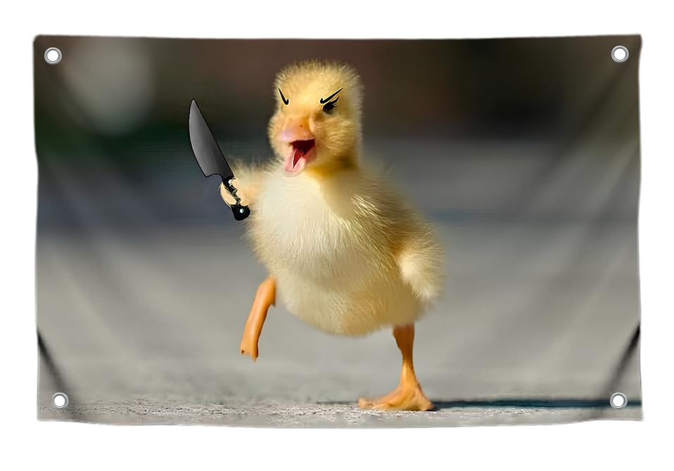 3x5 Ft Single Sided Polyester Flag with Four Brass Grommets - Meme Banner with Angry Duck and Knife - Funny Poster for College Dorm Boys