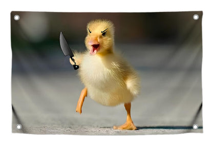 3x5 Ft Single Sided Polyester Flag with Four Brass Grommets - Meme Banner with Angry Duck and Knife - Funny Poster for College Dorm Boys