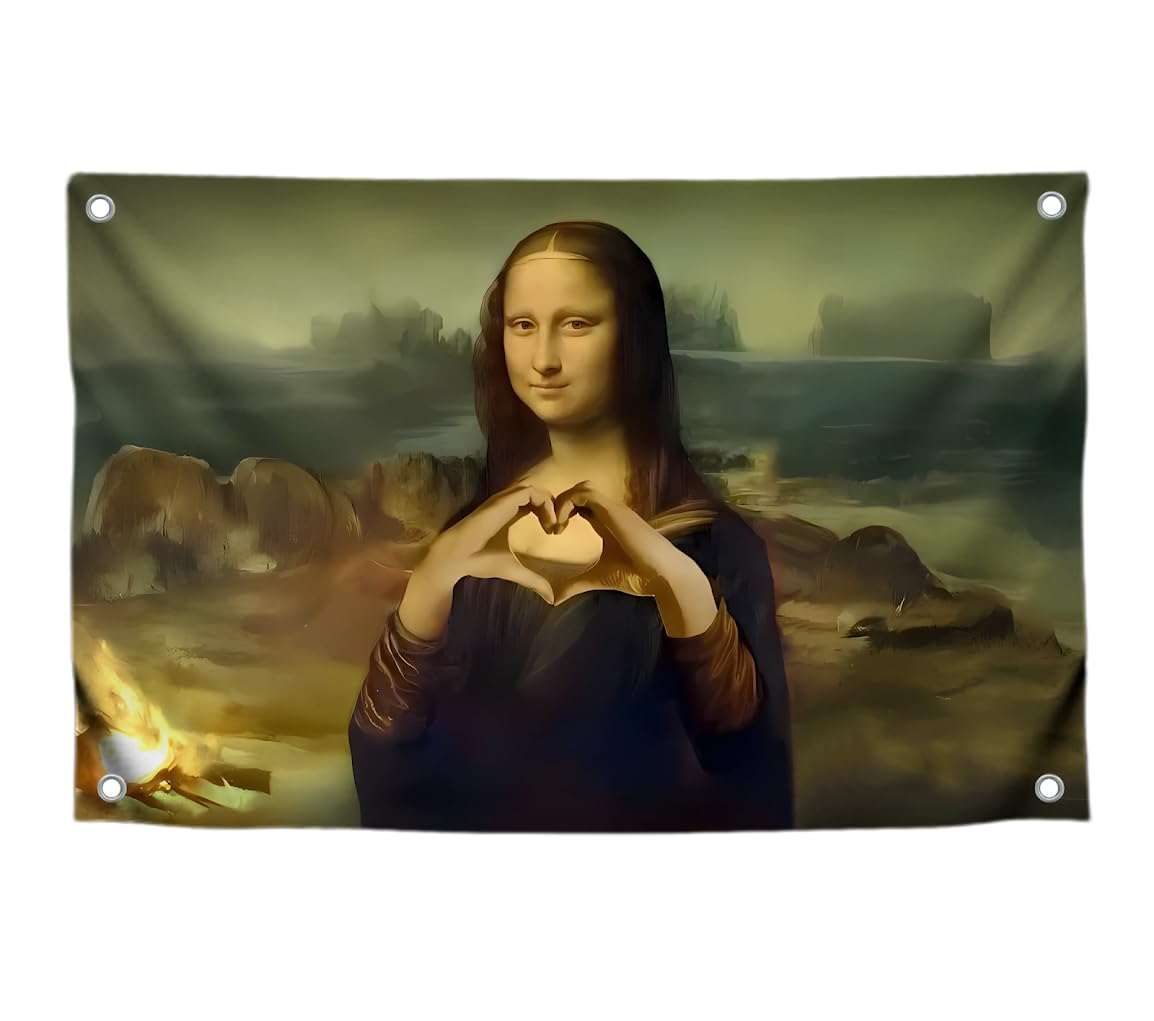 3x5 Feet Funny Mona Lisa Polyester Flag with Four Brass Grommets - Meme Flags with Demonstration of the heart for Outdoor and Indoor