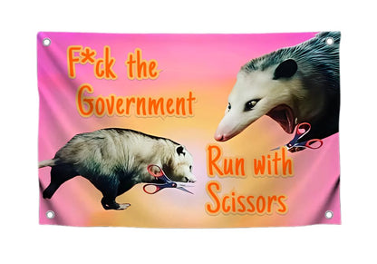 3x5 Ft Single Sided Polyester Flag with 4 Brass Grommets "F*ck The Government Run With Scissors" Meme Banner for College Dorm Boys
