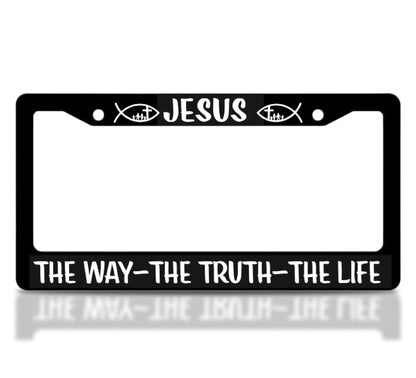 Black Car License Plate Frame 6x12.25 Inch - Stainless Steel Frame - for US Standard License Plate Jesus The Way The Truth The Life Christian