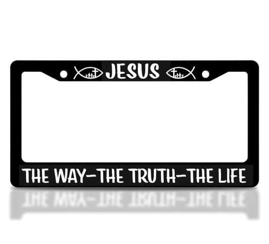 Black Car License Plate Frame 6x12.25 Inch - Stainless Steel Frame - for US Standard License Plate Jesus The Way The Truth The Life Christian