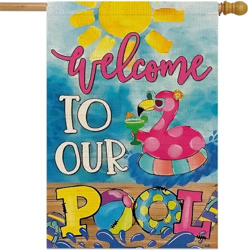 Double Sided Summer Garden Flag - Welcome to Our Pool Banners - Seasonal Large Outdoor Yard Flags of Burlap - Hello Summer Holiday Flags Outdoor Yard
