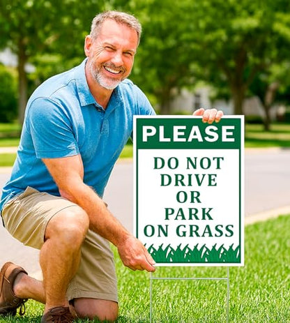 3X Please No Park Grass Signs with Stake Plastic Road Sign 12x8 Inch Yard Stay Off Grass Sign