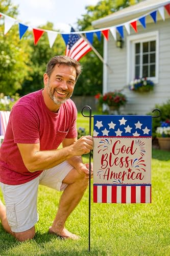 Double Sided Summer Garden Flag - God Bless America House Flags - Seasonal Large Outdoor Yard Flags of Burlap - Patriotic Flag Decorations for Home