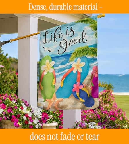 Double Sided Summer Garden Flag - Flip Flops on Summer Beach Life is good - Outside Garden Yard Decorations - Outdoor Decorative Banners for Yard