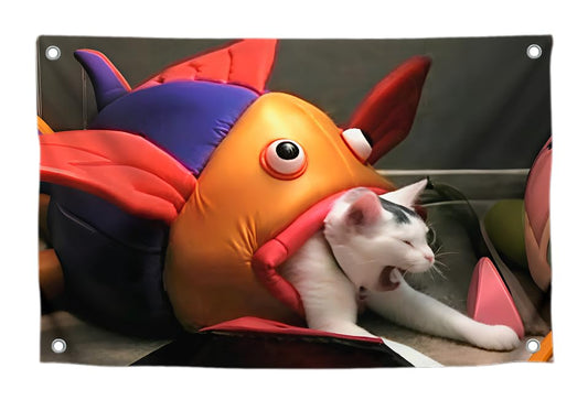 3x5 Ft Cat in Giant Fish Meme Flag - Single Sided Polyester with Four Brass Grommets - Funny Wall Tapestry for Dorm Boys - Silly Poster for Apartment
