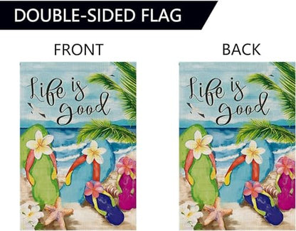 Double Sided Summer Garden Flag - Flip Flops on Summer Beach Life is good - Outside Garden Yard Decorations - Outdoor Decorative Banners for Yard