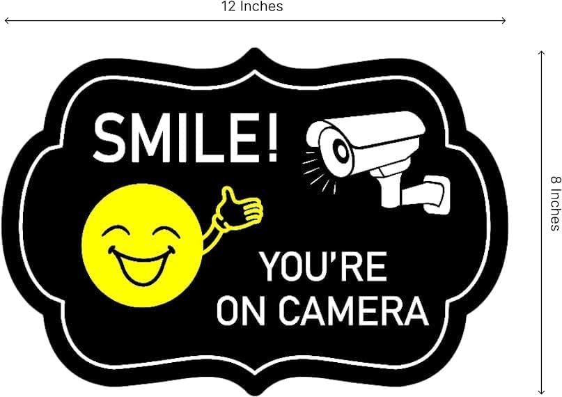 Set of 3 Smile Your on Camera Signs with Wire H-Stakes - 8x12 Inch Video Surveillance Sign Outdoor - Surveillance Black Signs Smile at the Camera