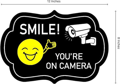 Set of 3 Smile Your on Camera Signs with Wire H-Stakes - 8x12 Inch Video Surveillance Sign Outdoor - Surveillance Black Signs Smile at the Camera