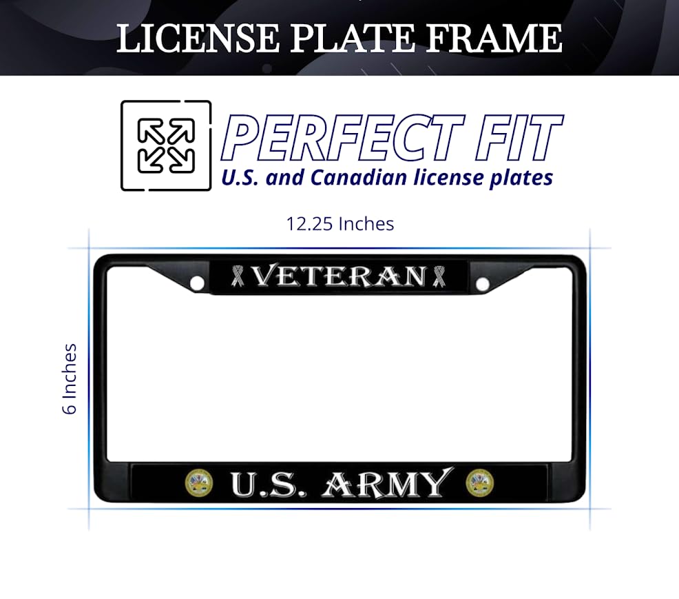 License Plate Frame US Army Veteran - Stainless Steel Frame for Front and Rear - Metal Plate Frame with 2 Holes and Screws 6x12.25 inches
