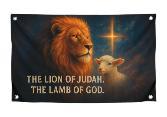 3x5 Feet Flag with Animals and Bible Quote "The Lion. The Lamb Of God" with Four Brass Grommets - Polyester Durable Banners for Wall Decoration