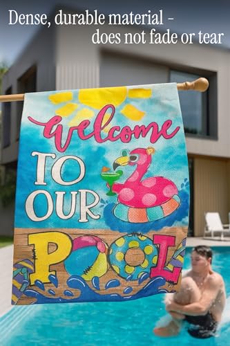 Double Sided Summer Garden Flag - Welcome to Our Pool Banners - Seasonal Large Outdoor Yard Flags of Burlap - Hello Summer Holiday Flags Outdoor Yard