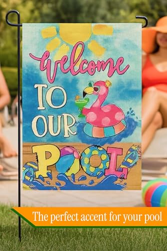Double Sided Summer Garden Flag - Welcome to Our Pool Banners - Seasonal Large Outdoor Yard Flags of Burlap - Hello Summer Holiday Flags Outdoor Yard
