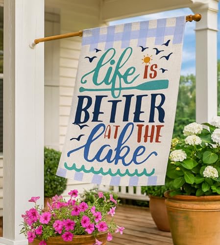 Double Sided Summer Garden Flag - Banner Life Is Better At The Lake - Holiday Yard Outdoor Decoration - Seasonal Large Outdoor Yard Flags of Burlap