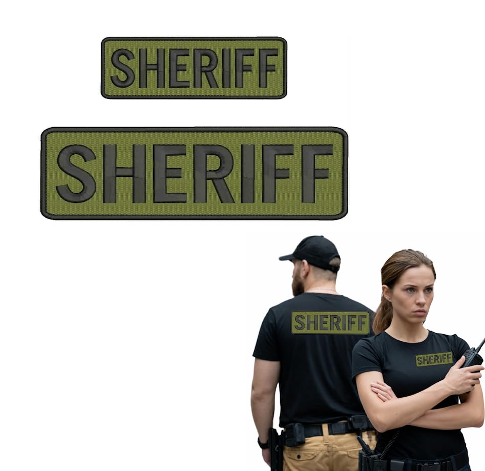 Set of 2 Sheriff Embroidery Patches 3x8 and 2x6 Inches - Armed Security Officer Patch - Green Embroidery Patches for Jacket Hat Backpack