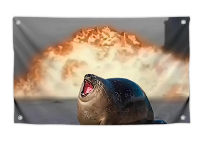 3x5 Feet Seal and Fire Meme Flag with Four Brass Grommets - Polyester College Dorm Banners for Living Room - Single Sided Tapestry Wall Flags