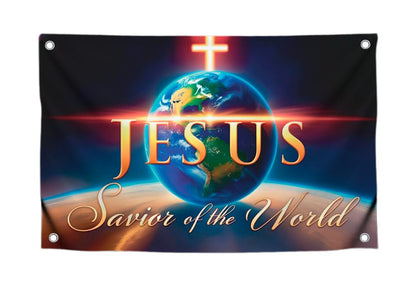 3x5 Feet Flag with Quote ''Savior of the World'' with Four Brass Grommets - Polyester Decor Flags for Churches - Single Sided Banners for Easter Day