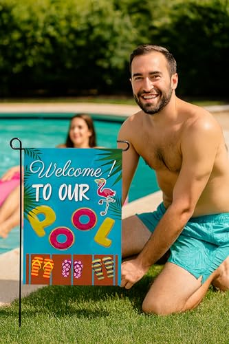 Double Sided Summer Garden Flag - Welcome to Our Pool Banners - Seasonal Large Outdoor Yard Flags of Burlap - Outside Decorative Banners for Yard