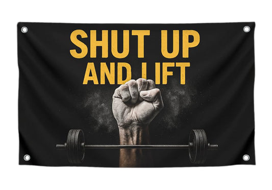 3x5 Feet Gym Flag with Motivated Quote ''Shut Up And Lift''- Mens Cool Poster Polyester On The Wall with Four Brass Grommets - Single Sided Huge