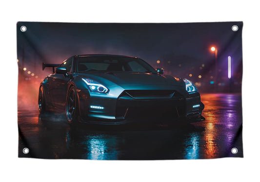 3x5 Feet Flag Sports Car On the Nnight Road - Single Sided Polyester Cool Tapestry with Four Brass Grommets - Wall Flags Decor for Car Lovers