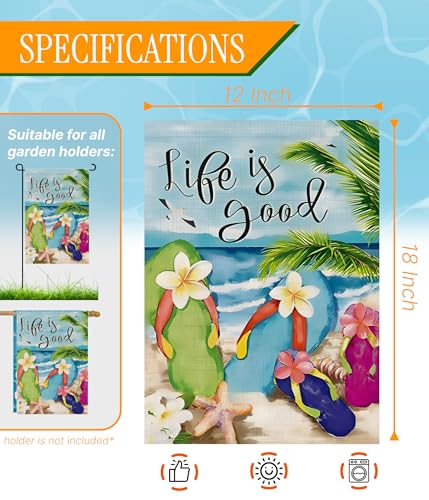 Double Sided Summer Garden Flag - Flip Flops on Summer Beach Life is good - Outside Garden Yard Decorations - Outdoor Decorative Banners for Yard