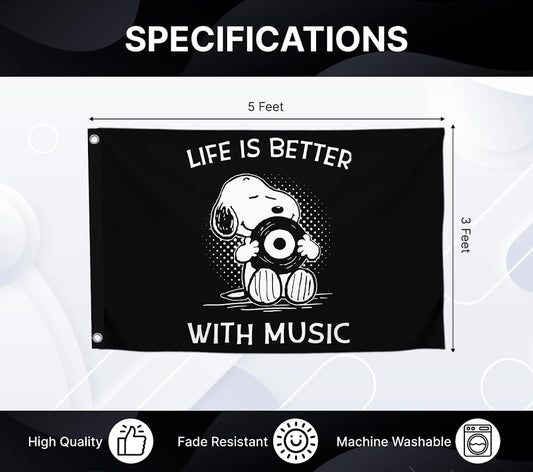3x5 Ft Funny Pets Quotes Single Sided Polyester Flag "Life Is Better with Music" with 2 Grommets - Typographic Wall For Music Room Decor
