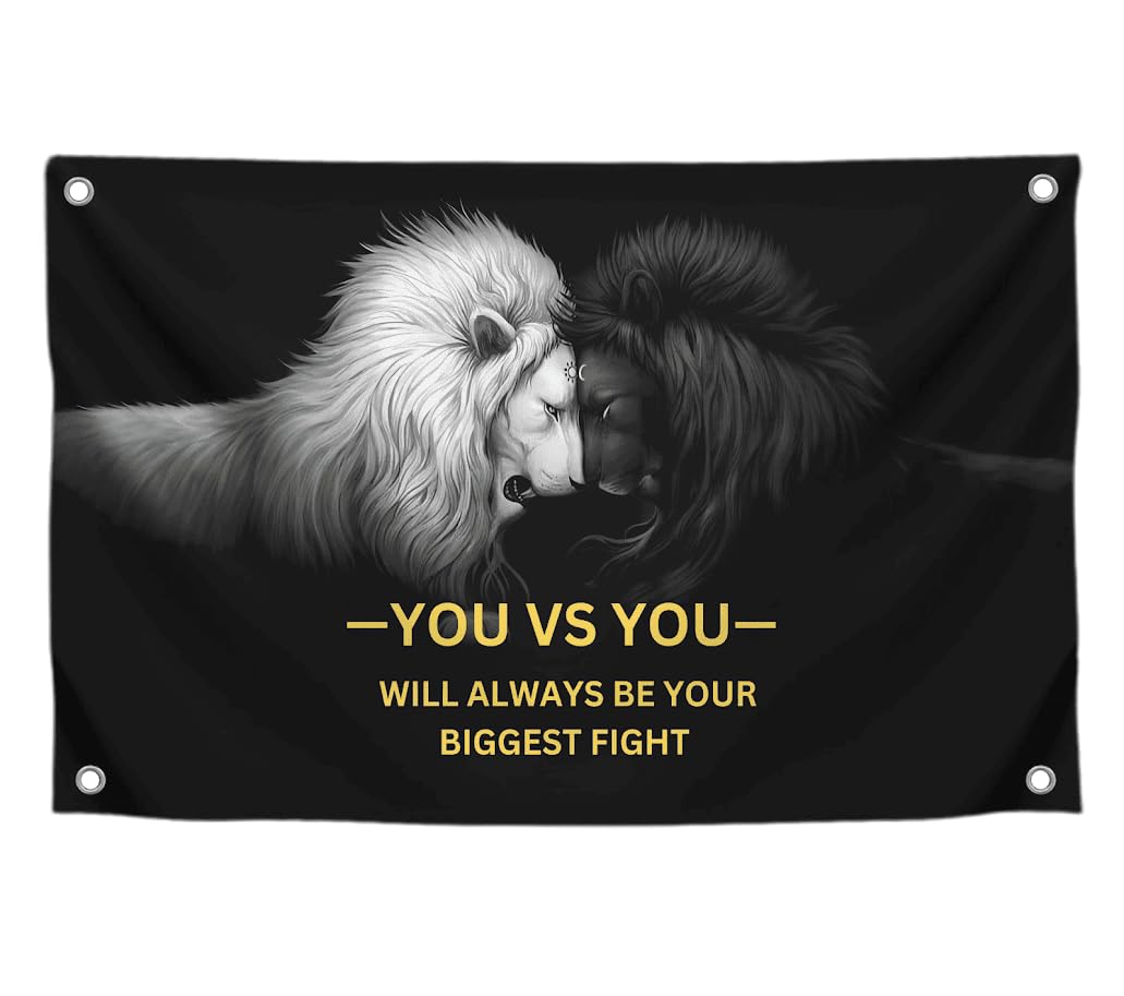 3x5 Feet Lion Motivation Quote Polyester Flag You vs You - Will Always Be Your Biggest Fight with Four Brass Grommets - Grand Battle Is Ending Decor