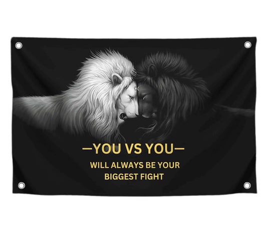 3x5 Feet Lion Motivation Quote Polyester Flag You vs You - Will Always Be Your Biggest Fight with Four Brass Grommets - Grand Battle Is Ending Decor