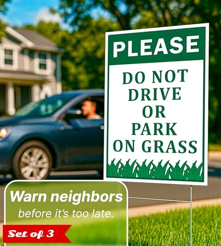 3X Please No Park Grass Signs with Stake Plastic Road Sign 12x8 Inch Yard Stay Off Grass Sign