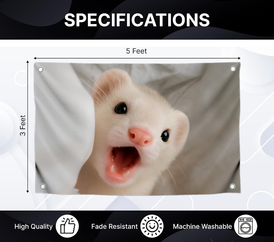 3x5 Ft Screaming Ferret Flag - Funny Cute Animal Banner for Dorm or Bedroom - Hilarious Wall Tapestry with Sassy Ferret Expression