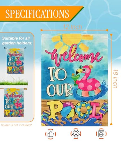 Double Sided Summer Garden Flag - Welcome to Our Pool Banners - Seasonal Large Outdoor Yard Flags of Burlap - Hello Summer Holiday Flags Outdoor Yard