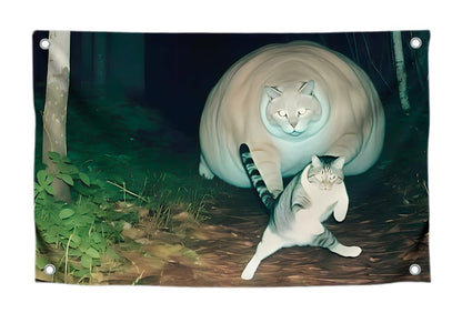 3x5 Ft Meme Flag - Funny Surreal Cats Banner with Giant Round Cat and Action Pose Cat - Wall Tapestry for Dorm Room or Outdoor Decor
