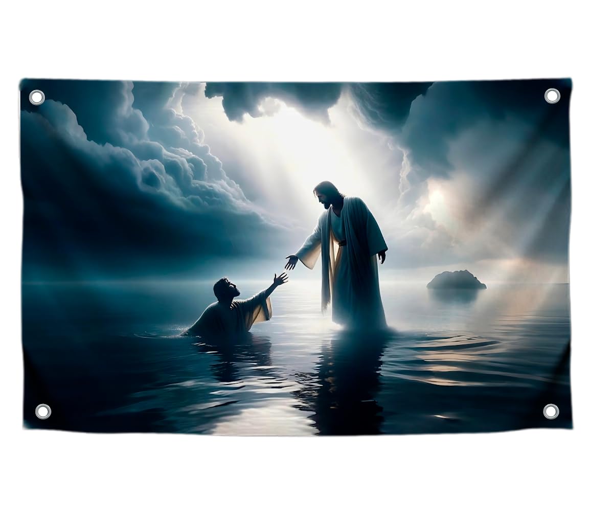 3x5 Ft Scene of Walking on Water Polyester Flag - Easter Flags for 4th of July - Wall Decor God on Water Banner - Flag for Wall Decor