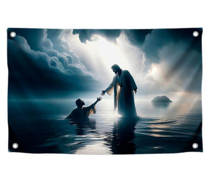 3x5 Ft Scene of Walking on Water Polyester Flag - Easter Flags for 4th of July - Wall Decor God on Water Banner - Flag for Wall Decor