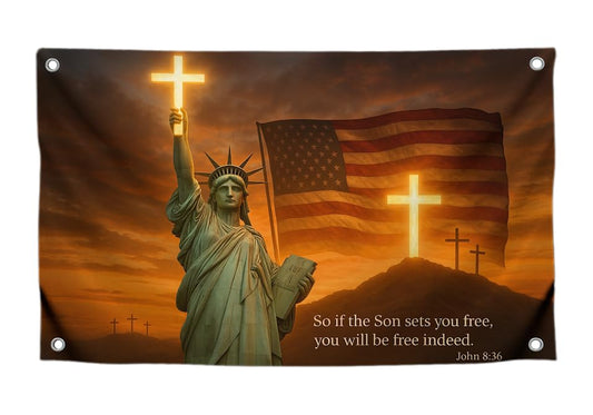 3x5 Feet Statue Liberty Flag with Quote - "So If the Son Sets You Free You Will Be Free Indeed" with 4 Brass Grommets - Polyester Flags for Room