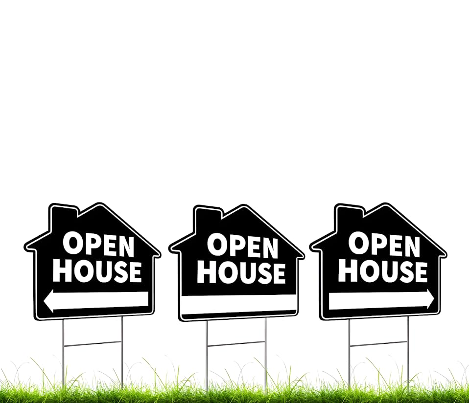 Set of 3 Double Sided 12x16 Inches Plastic Open House Signs with Metal H-Stakes - Black Sign for Real Estate Agent Supplies