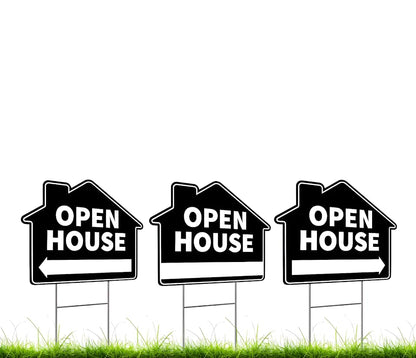 Set of 3 Double Sided 12x16 Inches Plastic Open House Signs with Metal H-Stakes - Black Sign for Real Estate Agent Supplies