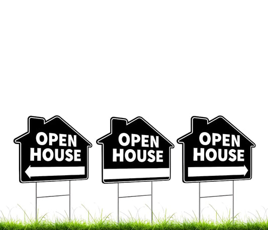 Set of 3 Double Sided 12x16 Inches Plastic Open House Signs with Metal H-Stakes - Black Sign for Real Estate Agent Supplies