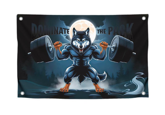 3x5 Feet Flag Big Grey Wolf with Barbell and Motivation Quote "DominateThe Pack" with Four Brass Grommets - Single Sided Cool Flags for Garage