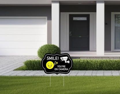 Set of 3 Smile Your on Camera Signs with Wire H-Stakes - 8x12 Inch Video Surveillance Sign Outdoor - Surveillance Black Signs Smile at the Camera
