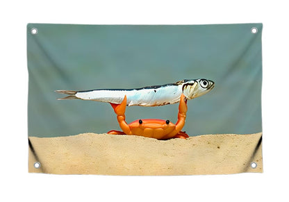 3x5 Feet Meme Flag with Сrab Holds Fish with Four Brass Grommets - Single Sided Cool Funny Tapestry for Bedroom Decor Man Cave Style