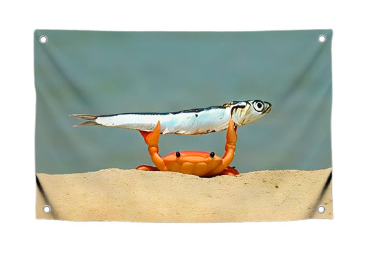3x5 Feet Meme Flag with Сrab Holds Fish with Four Brass Grommets - Single Sided Cool Funny Tapestry for Bedroom Decor Man Cave Style